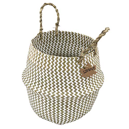 Szetosy - Cesta de junco marino natural tejida a mano, con asa, para almacenar juguetes, ropa sucia o como maceta, Estilo#2, 38CMx36CM Szetosy - Cesta de junco marino natural tejida a mano, con asa, para almacenar juguetes, ropa sucia o como maceta, Estilo#2, 38CMx36CM