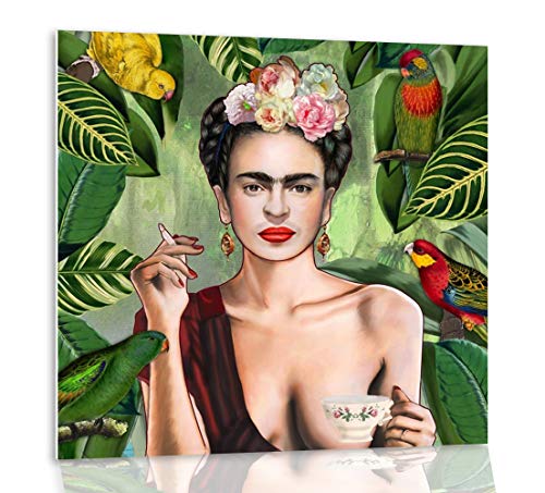 Tangerine Wall | Cuadro de Frida Kahlo con Fondo de Plantas | Tamaño Cuadrado: 30x30 cm | Sticky rígido para apoyar o Colgar sin Agujeros