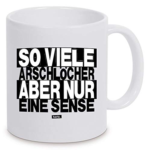 Taza blanca de Hariz con texto en alemán "So viele Arschlöcher Aber Nur Eine Sense divertido, talla única