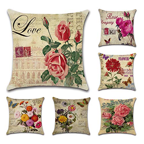 Tebery Juego de 6 fundas de cojín de lino y algodón con diseño de flores vintage para sofá, 45,7 x 45,7 cm