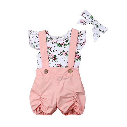 Toddler Baby Girl - Juego de 2 piezas de ropa con volantes florales + falda con botones rosa Pink White 6-9 Meses