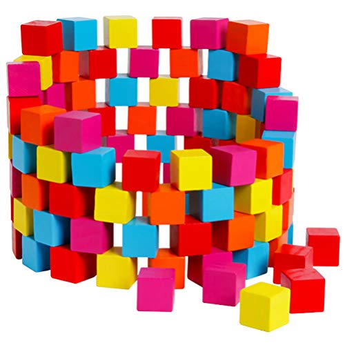 Tomaibaby 100Pcs Bloques de Cubos de Madera Cubos de Arco Iris Bloques de Construcción de Colores Juegos de Apilamiento Juguetes Educativos de Aprendizaje Suministros Escolares en El Hogar