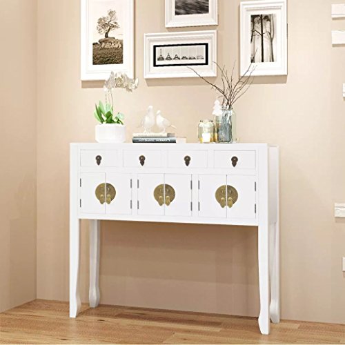 UnfadeMemory Aparador Comedor,Mueble para TV,Mesa de Consola,Mueble Auxiliar,Aparador para Salon,con 4 Cajones y 3 Armarios,Estilo Clásico Asiático,Madera Maciza,95x24x91cm Blanco