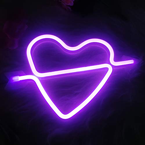 Uonlytech LED Cupid Bow - Letrero luminoso con forma de corazón, luz nocturna para niños, amantes de la decoración para dormitorio, salón, pared, fiesta de San Valentín, color lila