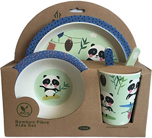 Vajilla Bambu Infantil Vajilla Fibra de Bambú Niños y Bebés 5 Piezas - Material Ecologico, Reciclable - Apto para Lavavajillas - Pack Eco, Bio, sin BPA (Bamboo) - Con Plato, Tazon, Vaso y Cubiertos