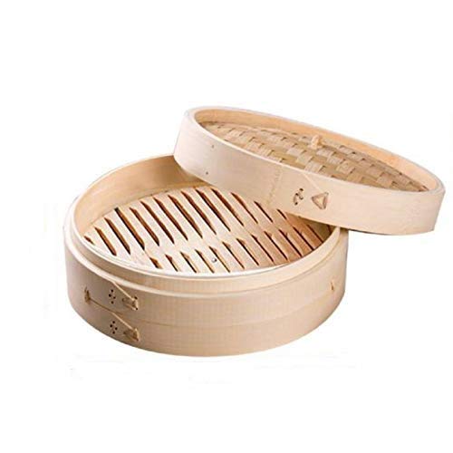 Vaporera de bambú con tapa para cocinar al vapor. Cesta de bambú para cocer todo tipo de alimentos al vapor (20x6cm 2pcs)