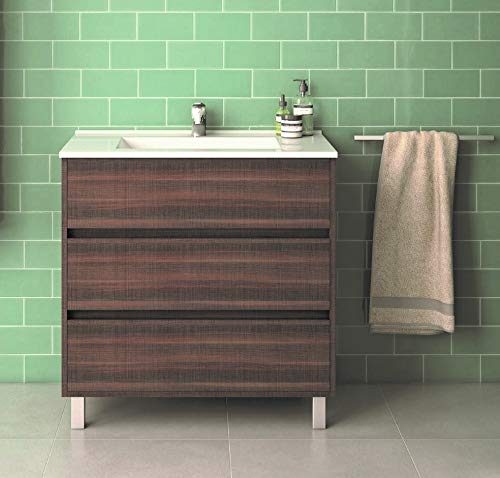 VAROBATH Mueble de baño, 3 cajones amortiguados - Lavabo de cerámica - Mueble MONTADO - Modelo Alcoa (80 cms, Tea)