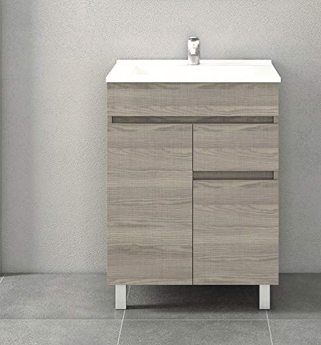 VAROBATH Mueble de baño de 3 o 2 Puertas y 1 cajón con Lavabo de Cerámica - Mueble MONTADO - Modelo Clif (60 cms, Estepa)