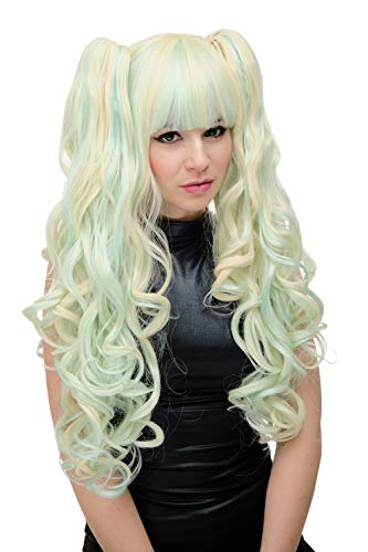 WIG ME UP- peluca de 3 partes coletas de quita y pon peluca para mujeres cosplay pelo largo rizado flequillo mezcla de verde claro y rubio claro YZF-7092L+A-T3815/T4516