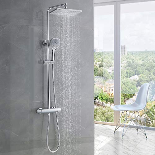 WOOHSE Columna de Ducha Termostática Cuadrada para Ducha y Bañera Sistema de Ducha con Termostato, Alcachofa y Teleducha 3 Chorros, Cromado