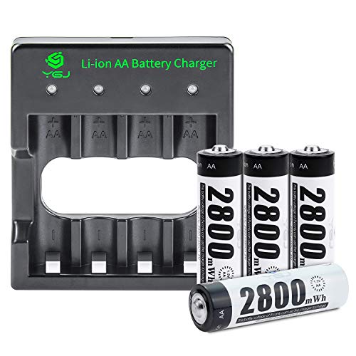 YGJ Cargador de batería de litio AA recargable con 4 pilas AA recargables de iones de litio – Durable y de larga duración doble A cargador de batería Set