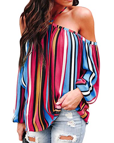 YOINS Camisa Mujeres con Hombros Descubiertos Sexy Raya Blusa Manga Larga Multicolor con Cuello en V Tops TeñidoTops con Manga de Linterna 2~Rosa roja XXL