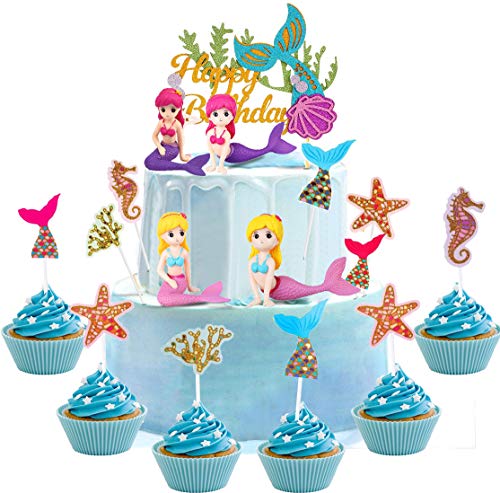 35 piezas de adorno para tarta de sirena, miniaturas de figuritas de sirena, adorno para tarta con purpurina fiesta de mar, decoración del mundo submarino de sirena para fiesta cumpleaños infantil