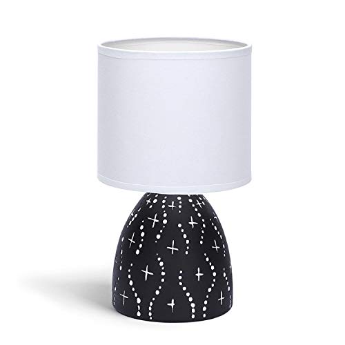 Aigostar - Lámpara de mesa, cuerpo de diseño color negro con motivos blancos, pantalla de tela color blanco, Lámpara de cerámica E14. Perfecta para el salón, dormitorio o recibidor, H25cm