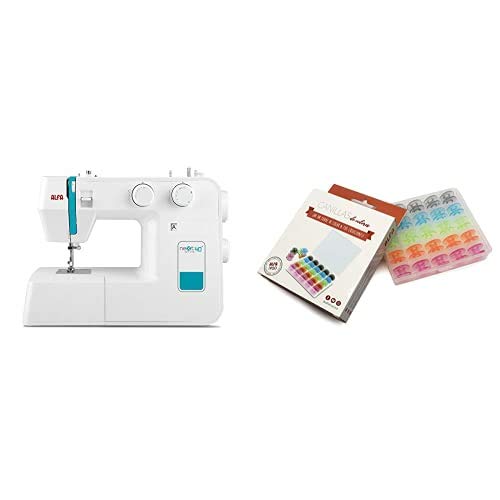 Alfa NEXT 40 Spring Máquina de coser con 25 puntadas, color azul cielo + 6050-Caja 25 canillas Colores, Multicolor