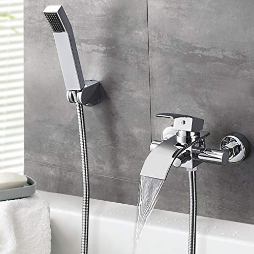 Auralum Cascada Grifo de Bañera Monomando con Ducha de Mano, 1.5m Manguera y Soporte, Monomando Mezclador Grifo para Bañera y Ducha,Set de Ducha Latón Cromado