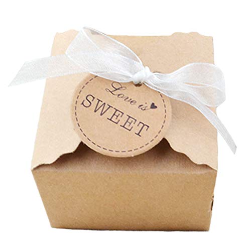 Aweisile 50 Piezas Caja de regalo de papel kraft Caja de Dulces de Caramelo con Etiqueta de regalo para bodas cumpleaños bautizo comunión Navidad Banquete de Boda Embalaje