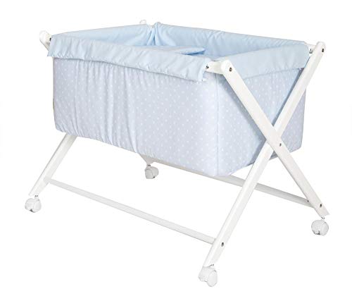 Babyline Topo - Mini cuna de tijera de madera, unisex, color blanco celeste