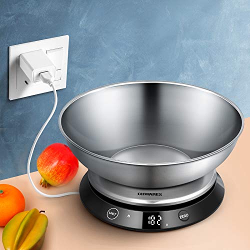 Báscula digital de cocina, recargable por USB, de acero inoxidable, báscula de cocina con cuenco desmontable de 11 lb/5 kg, báscula digital eléctrica impermeable, botón táctil invisible, función tara