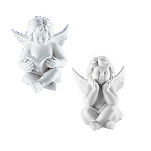 Bavaria Juego Decorativo de 2 ángeles, con Libro y pensativo en Porcelana Biscuit Blanca de Calidad Rosenthal; 6cm y en Caja de Regalo.