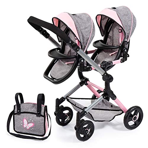 Bayer Design 26233AA Cochecito de muñeca gemelas, Carrito Paseo para muñecos, Ajustable en Altura, Plegable, con Bolsa de Bandolera, Compatible con Silla de Coche EasyGo, Gris, Rosa, Mariposa Bayer Design 26233AA Cochecito de muñeca gemelas, Carrito Paseo para muñecos, Ajustable en Altura, Plegable, con Bolsa de Bandolera, Compatible con Silla de Coche EasyGo, Gris, Rosa, Mariposa