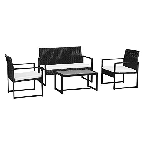 BENEFFITO CAPRERA - Muebles de jardín de Resina Trenzada con Cojines - Estructura de Acero - 4 plazas - Sofá de 2 plazas, 2 sillones, 1 Mesa de Centro Rectangular - Negro/Beige