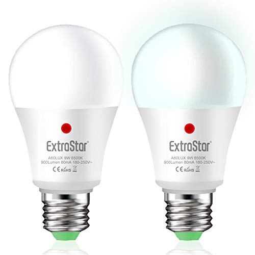 Bombilla con sensor, EXTRASTAR E27, bombillas LED con sensor crepuscular de exterior, encendido y apagado, 9 W, para porche, jardín, puerta de entrada, pasillo, 2 unidades