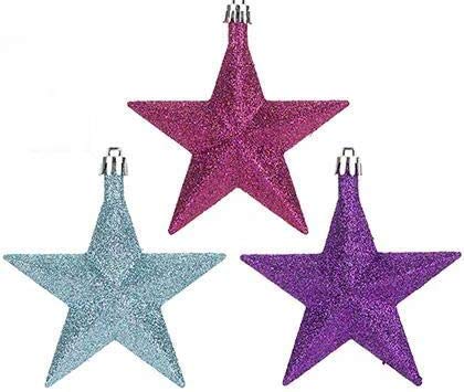 Brillantes y coloridos adornos para árbol de Navidad modernos brillantes en púrpura, rosa y azul, paquetes de bolas y espumillón a elegir tu favorito (estrellas 3D)