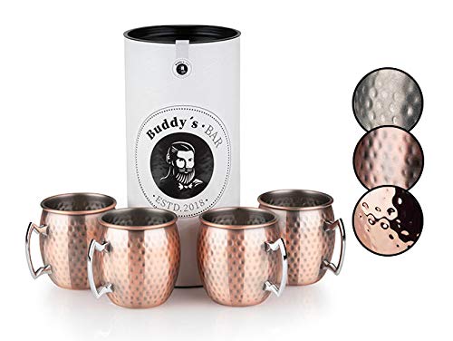 Buddy's Bar - Taza Moscow Mule, set de 4, 4 x 500ml, tazas de acero de alta calidad con revestimiento de cobre antiguo, apta para alimentos, efecto martillo, tazas para cócteles con caja de regalo