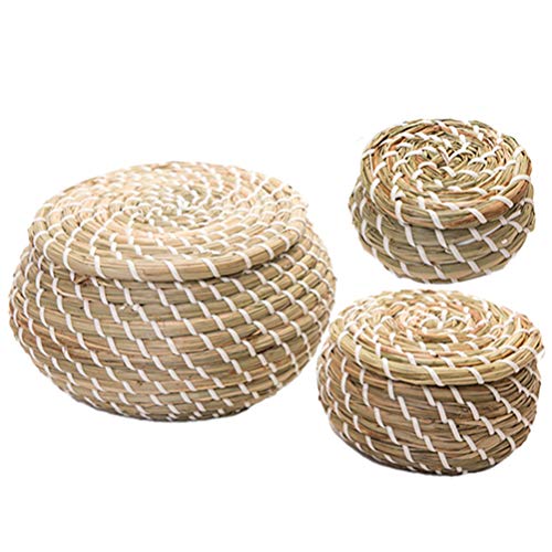 Cabilock - Juego de 3 cestas de mimbre con tapa tejida a mano para maquillaje, baño, cocina, salón, Navidad