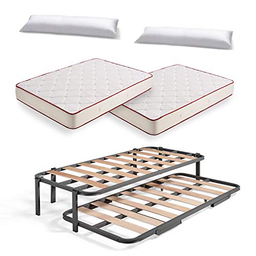 Cama Nido Metálica Reforzada con 6 Patas + 2 Colchones Viscoelásticos Viscoferta + 2 Almohadas de Fibra Tacto Pluma, 105x200 cm