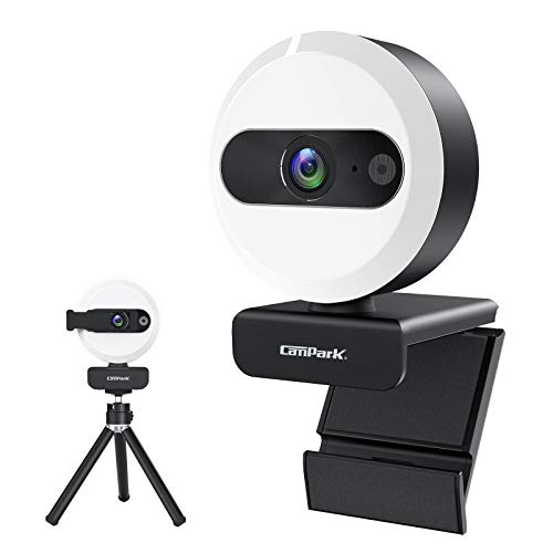 Campark Webcam 2k para PC con Anillo de luz de Control táctil, trípode Gratuito y Cubierta de privacidad, cámara Web de transmisión con micrófono estéreo para Vida, Video Chat