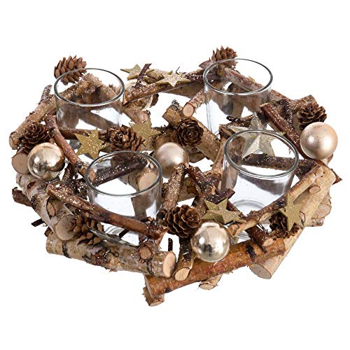 Centro de Mesa portavelas de Navidad Dorado de Troncos de Madera de Ø 28x8 cm - LOLAhome Centro de Mesa portavelas de Navidad Dorado de Troncos de Madera de Ø 28x8 cm - LOLAhome