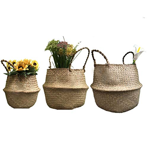 Cesta multiusos para pícnic, cestas de vientre naturales Seagrass, cesta plegable de mimbre para baño, oficina, pan, ratán, niños, juguetes, chimenea, cesta de almacenamiento de algas marinas