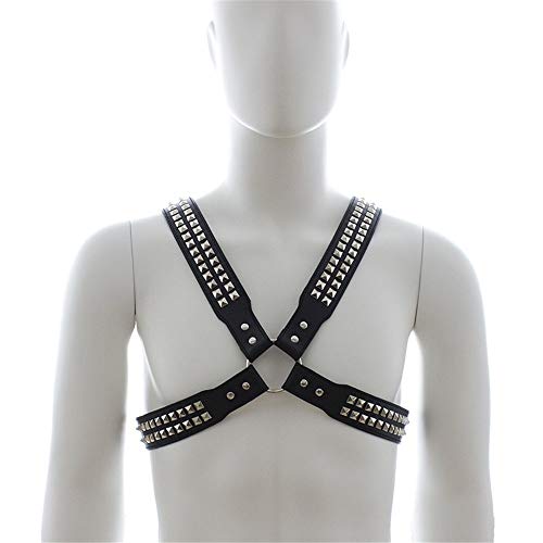 Cinturón de Arnés Mens Negro Cuero de PU Ajustable Metal Pirámide Espárragos Cuerpo Cofre Arnés Gótico Hebilla Punk Cinturón en forma de X Soporte para el hombro Correas Club de baile Etapa Cuerpo del