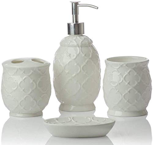 Comfify Juego de 4 Accesorios de baño de cerámica de diseño | Incluye jabón líquido o loción con Soporte para Cepillo de Dientes, Vaso, jabonera | Enrejado marroquí | Blanco