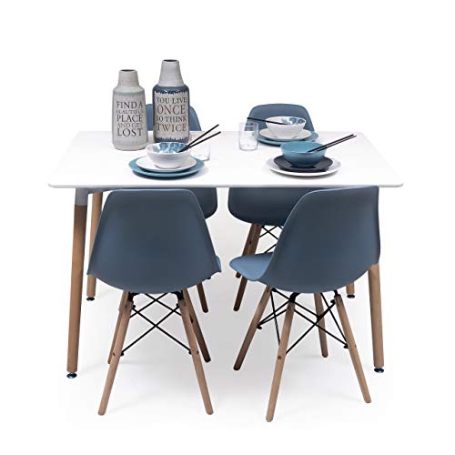 Conjunto de Comedor Tower con Mesa lacada Blanca y 4 sillas, de diseño nórdico (120x80, Azul Horizonte) Conjunto de Comedor Tower con Mesa lacada Blanca y 4 sillas, de diseño nórdico (120x80, Azul Horizonte)