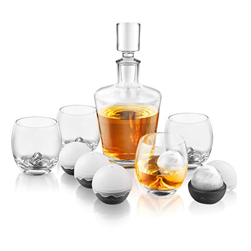 Conjunto decantador de whisky, vaso para toque final en las rocas. El Conjunto de 10 piezas incluye vasos de whisky, moldes de bolas de hielo de silicona, decantador y tapón GS400.