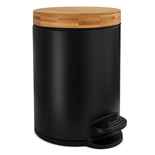 Cubo de baño de diseño 5L | Tapa de Madera de bambú con Sistema de Cierre automático | Cubo con cómodo Pedal antihuellas | Negro