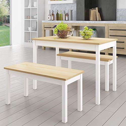 DAKEUR Juego de Mesa y Banco de Comedor Mesa de Comedor de Madera y 2 sillas Muebles de Comedor de Cocina Moderna Madera de Pino (Mesa Blanca y 2 Bancos)