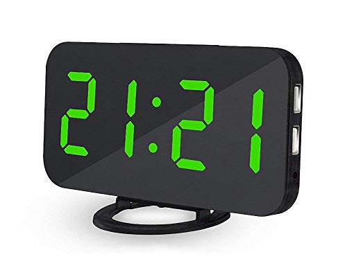Deerbird® Digital Despertador Superficie del Espejo Enormes Numeros LED Reloj Despertador con 2 Puertos USB Brillo Ajustable Relojes Botón de Snooze para Decoración de Dormitorios (Verde)