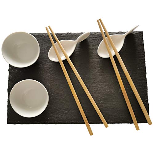 Desconocido Juego Vajilla para Sushi para 2 Personas - 9 Piezas, 1 Plato Pizarra Negra, 2 Soportes para Palillos de Ceramica, 2 Cuencos de Ceramica para Salsa Soja, 2 Pares de Palillos de Bambu