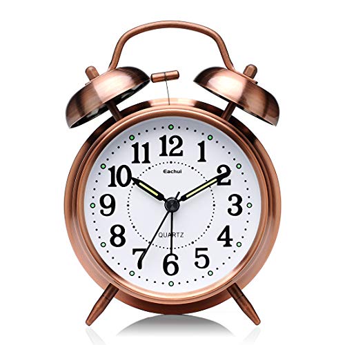 Eachui Despertador de Doble Campana con luz de Noche, 10cm de dial, analogico, Reloj clásico con Alarma Potente, sin Tic TAC, silencioso (Bronce)