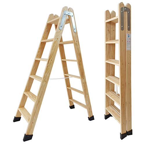 Escaleras Tijera de Madera Pino Doble Subida Certificadas. Ideal para Profesionales Pintor, Escayolista, Electricista o hasta para su hogar! (6 Peldaños)