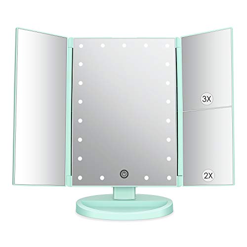 Espejo de Maquillaje con LED, Natural Iluminado Espejo de Mesa Luz con Ampliación 1X / 2X / 3X Plegable Espejo de la Vanidad Rotación 180° Pantalla Táctil Espejo Cosmético para Hombre y Mujer (Verde)