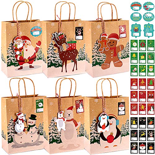 Evance 24 pcs Cajas Kraft Bolsas de Papel de Caramelo con 24 Etiquetas Navideñas y 33 Pegatinas para Decoración de Navidad Suministros (23 x 9 x 18cm)
