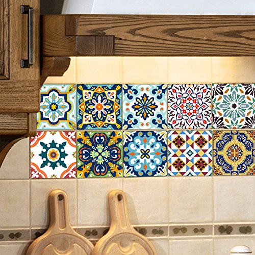 EXTSUD Adhesivos Decorativos para Azulejos Pegatinas para Baldosas del Baño/Cocina Resistente al Agua, 10 Unidades, 20 x 20 cm, Estilo Mediterráneo