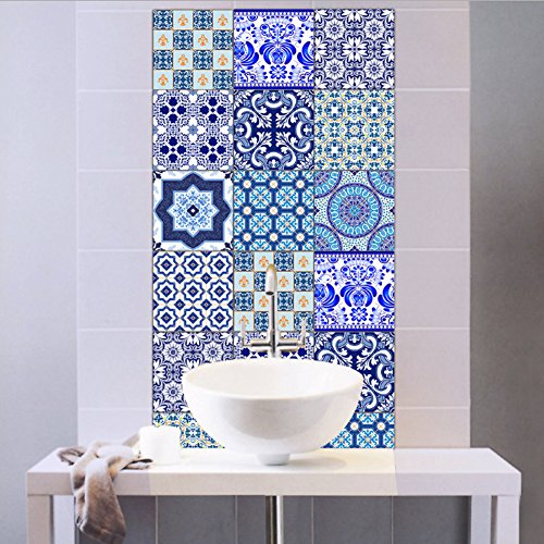 EXTSUD Adhesivos Decorativos para Azulejos Pegatinas para Baldosas del Baño/Cocina Resistente al Agua, 10 Unidades, 20 x 20 cm, Estilo Porcelana Azul y Blanca