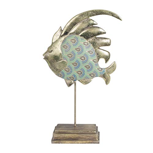 Figura Decorativa de Resina Pez Dorado con Escamas. Adornos y Esculturas. Animales. Decoración Hogar. Regalos Originales. 20 x 9 x 36 cm.