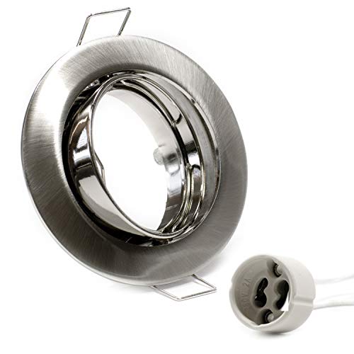 Foco empotrable, anillo de montaje en plata aspecto redondo, níquel cepillado, orientable, incluye casquillo GU10 para bombillas LED o halógenas planas